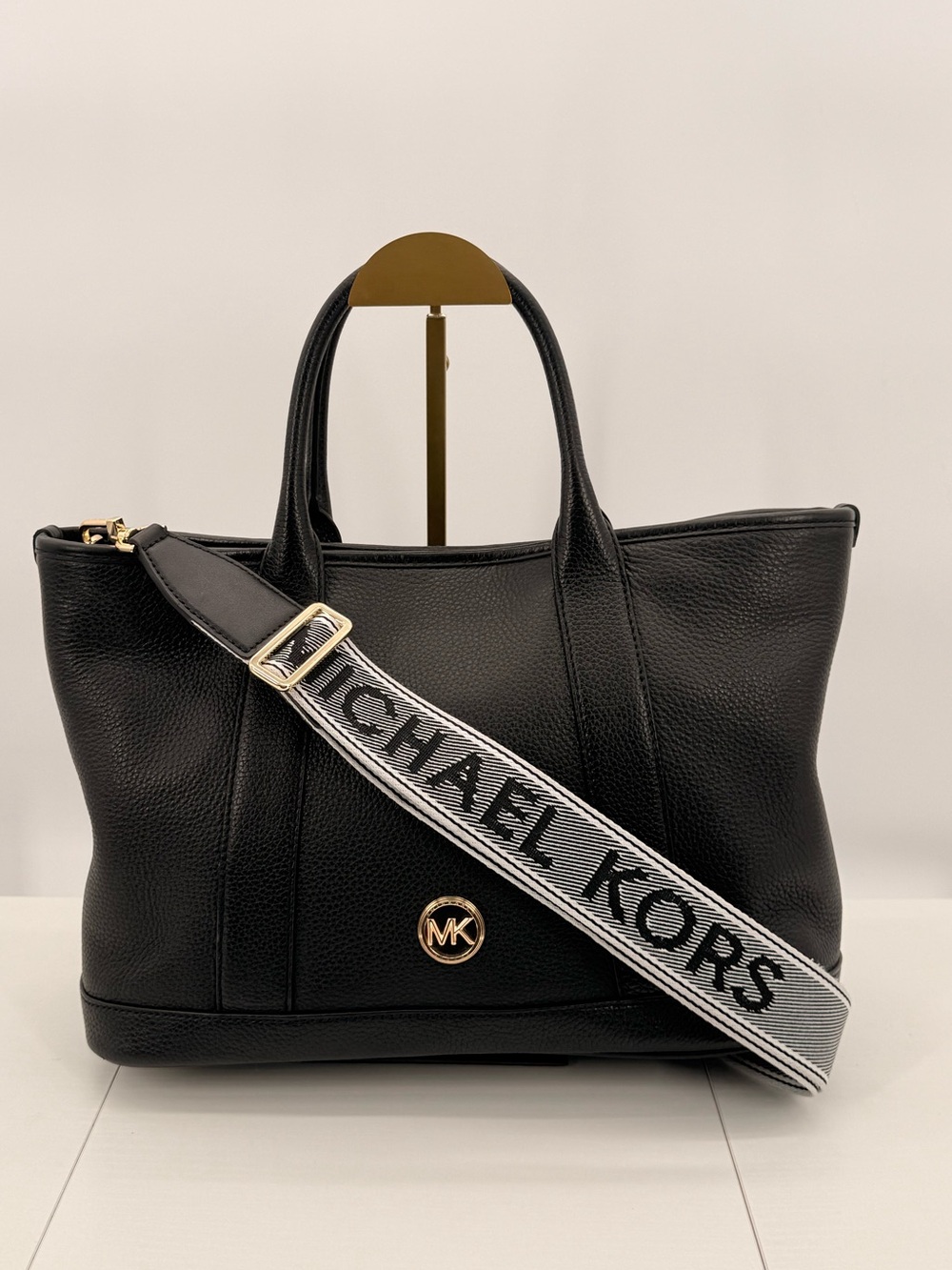 MICHAEL KORS Louisa Pebbled Leather Tote Black Logo Strap Satchel Bag